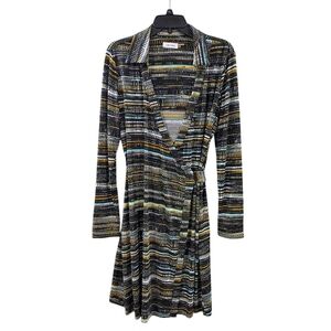 Calvin Klein Striped Graphic Collared Long Sleeve Wrap Dress Women's Size 14